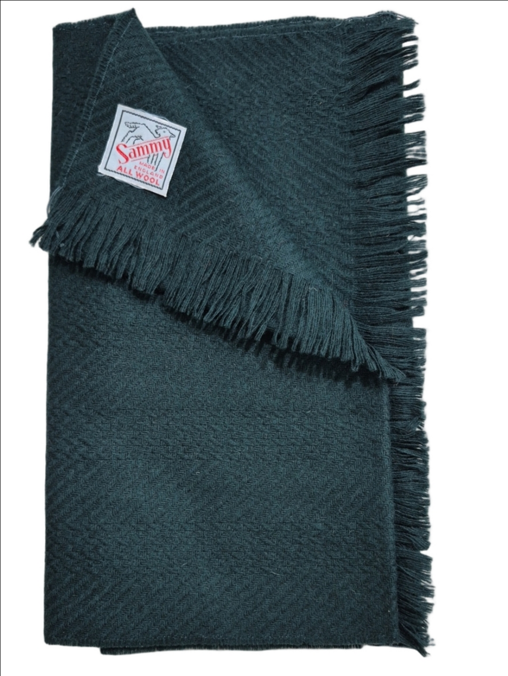 Vintage Sammy All Wool Scarf Made in England Forest Green Short Muffler Herringb